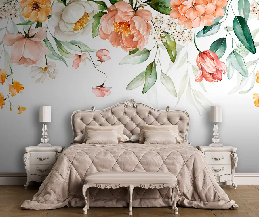 zidne murale Obrub buketa - zeleno lišće i rumeno ružičasto cvijeće na bijeloj pozadini u94427