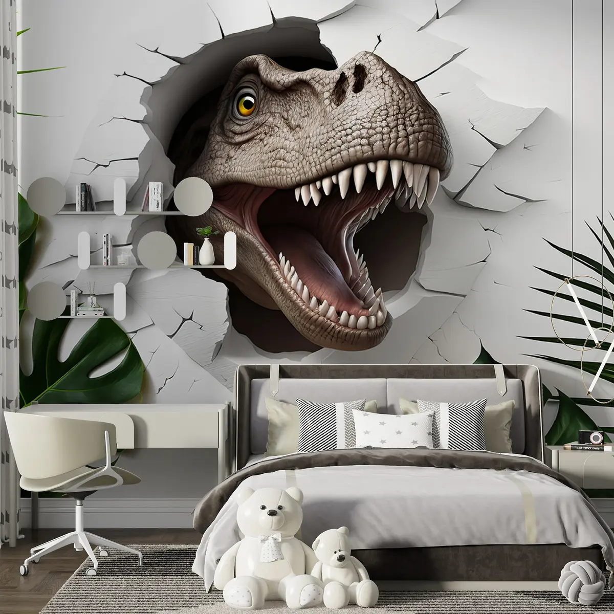 zidne murale 3D dinosaur i lišće u94772