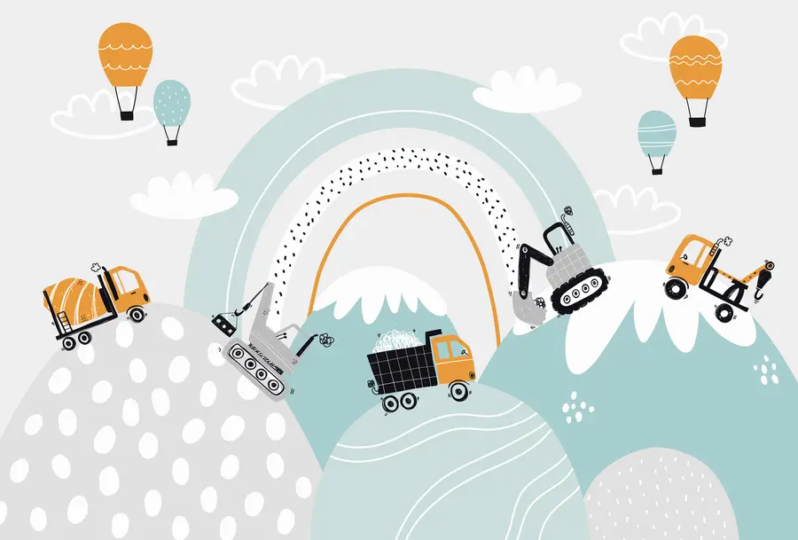 zidne murale Građevinska vozila, planinski krajolik, baloni i oblaci u skandinavskom stilu u95046