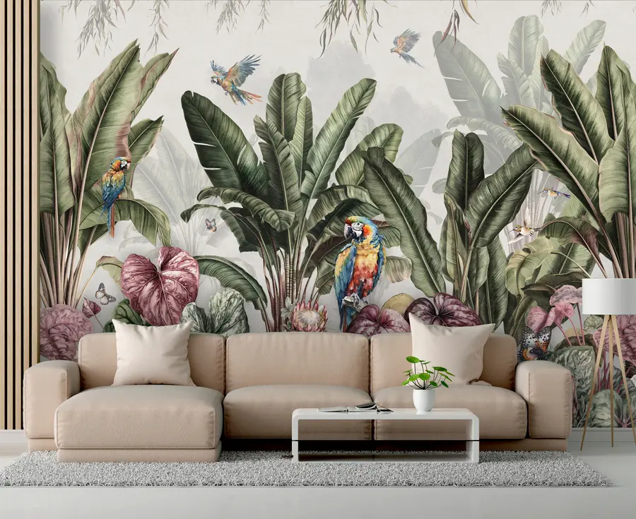 zidne murale Tropske palme banane u krajoliku s arama i leptirima u vintage stilu u95371