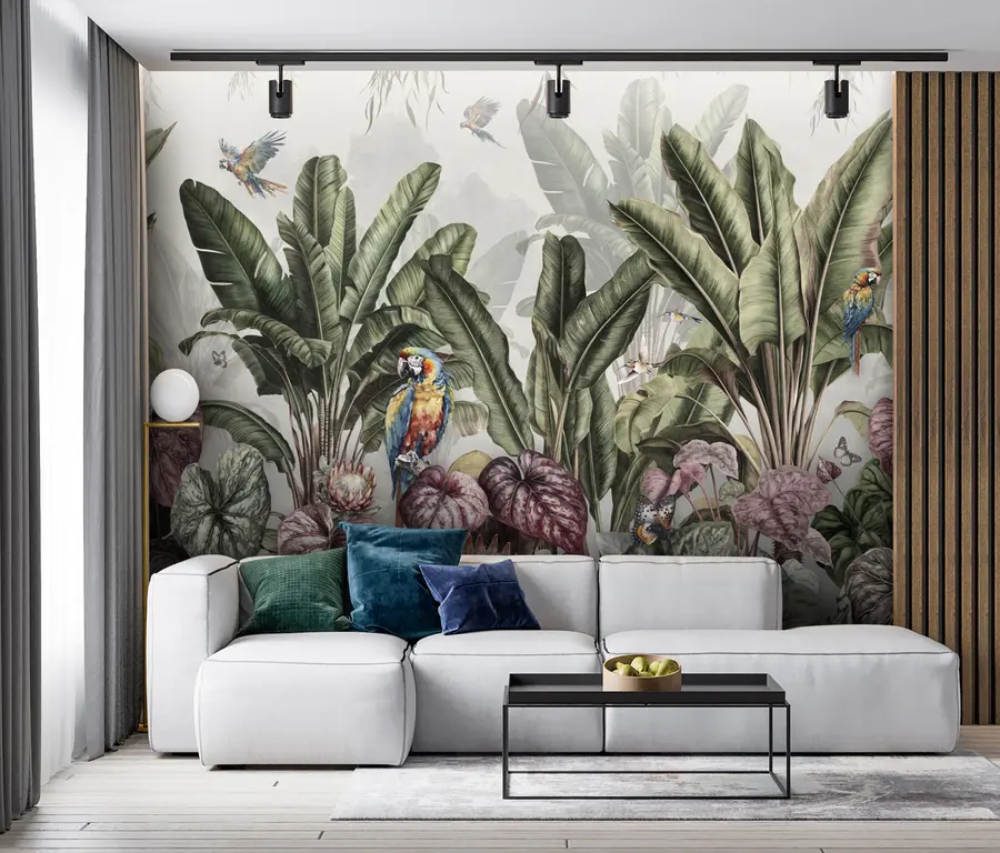 zidne murale Tropske palme banane u krajoliku s arama i leptirima u vintage stilu u95371