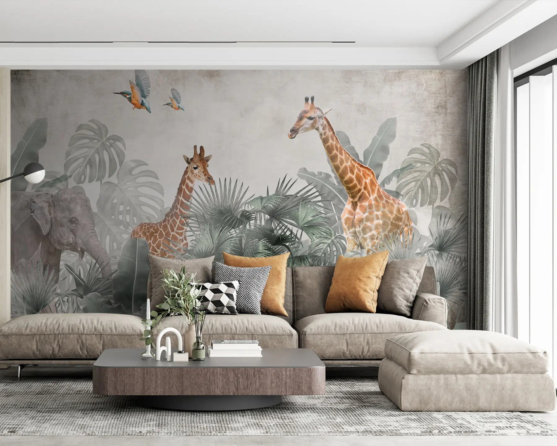 zidne murale Tropsko drveće i safari životinje u95271