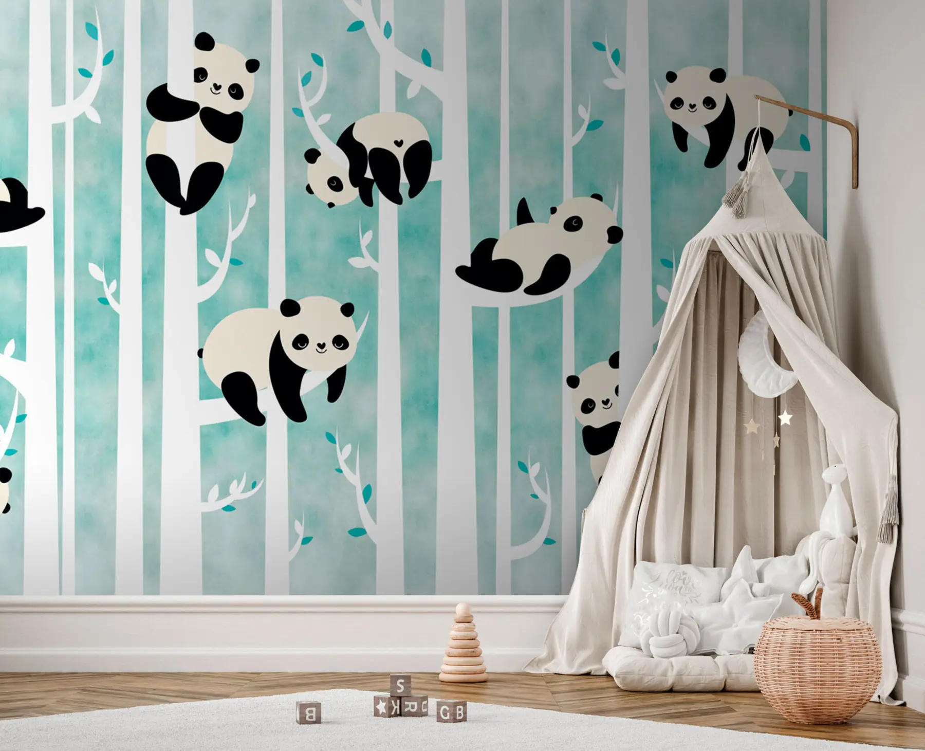 zidne murale Vesele pande iz kineske bajke na drveću za dječju sobu u95025