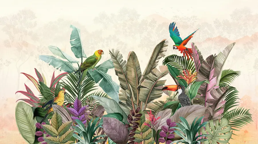 zidne murale Vintage tropske ptice papiga u tropskom lišću u96144