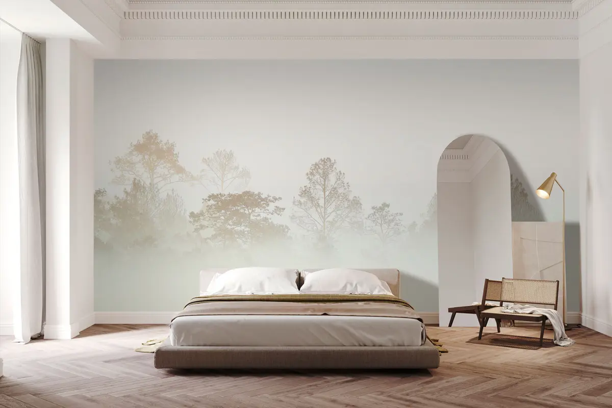 zidne murale Silueta šumarka u gustoj bijeloj jutarnjoj magli u97405