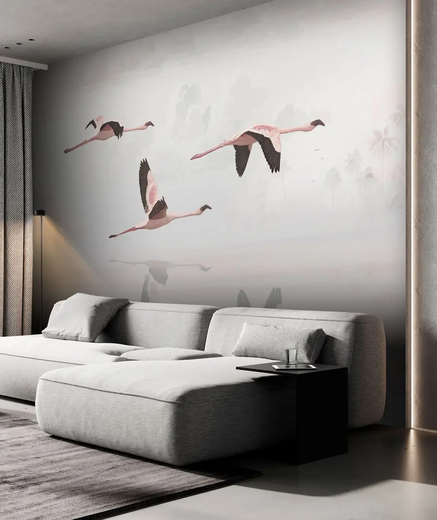 zidne murale Ružičasti flamingosi iznad plaže i mora u tropskoj džungli u97457