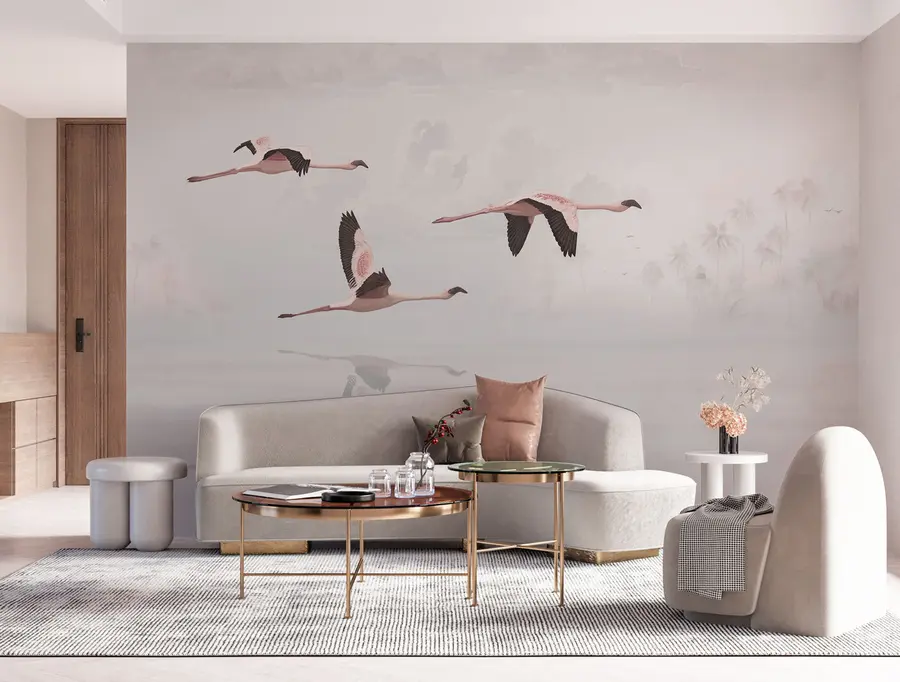 zidne murale Ružičasti flamingosi iznad plaže i mora u tropskoj džungli u97457