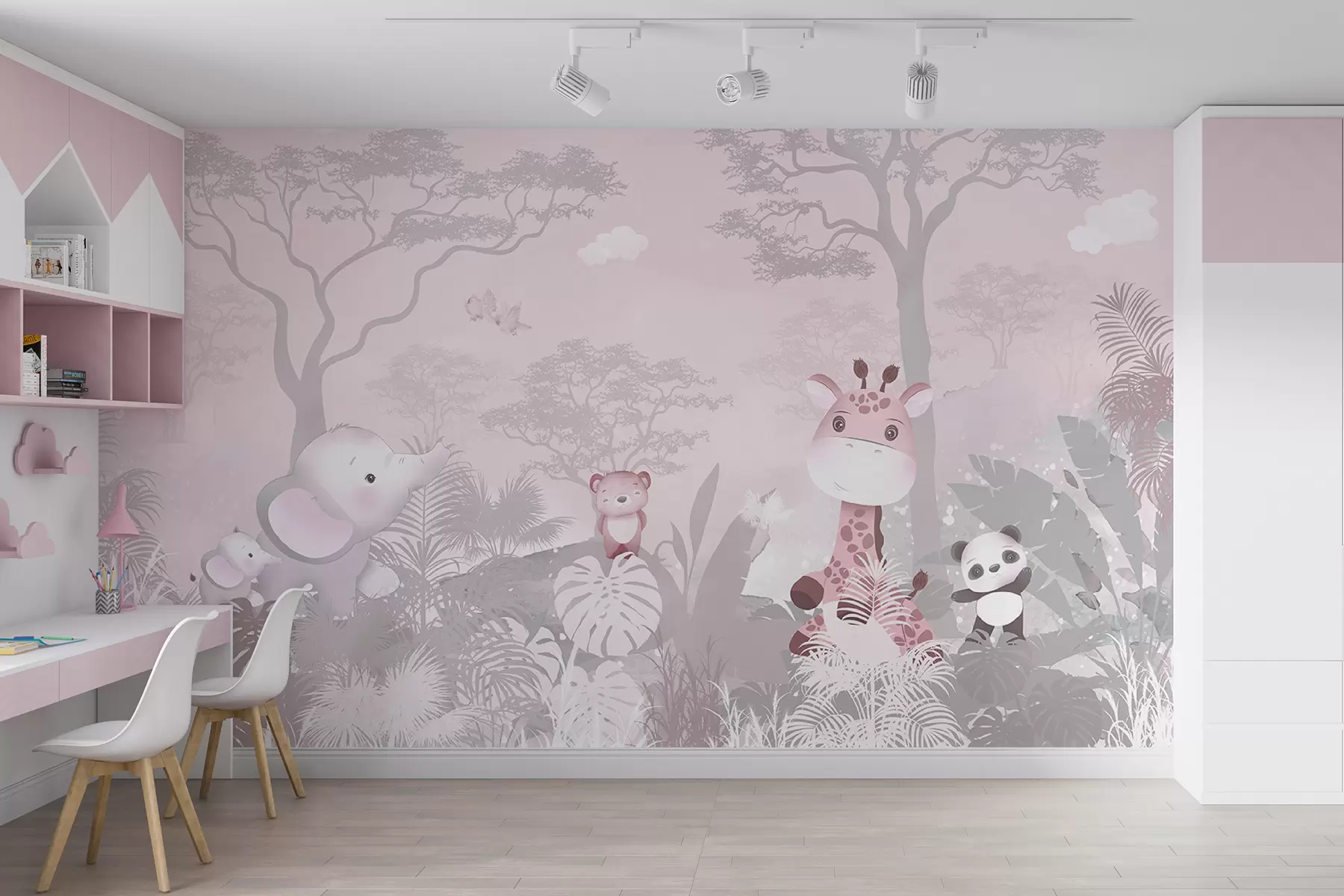 zidne murale Slatke male životinje u savani u ružičastim bojama u73878v3
