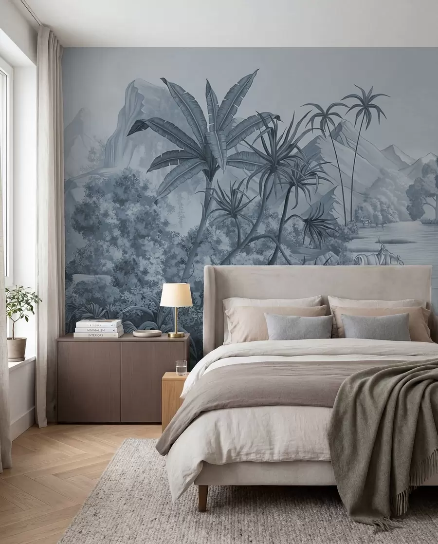 zidne murale Crno-bijeli tropi u plavim bojama u59040v2