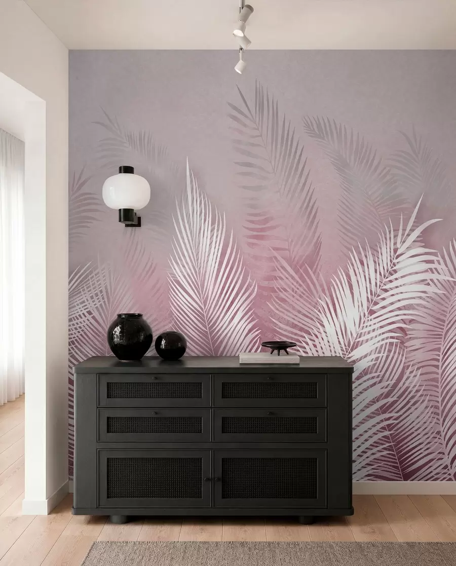 zidne murale Bijele palme na ružičastoj pozadini. u ružičastim bojama u74601v2