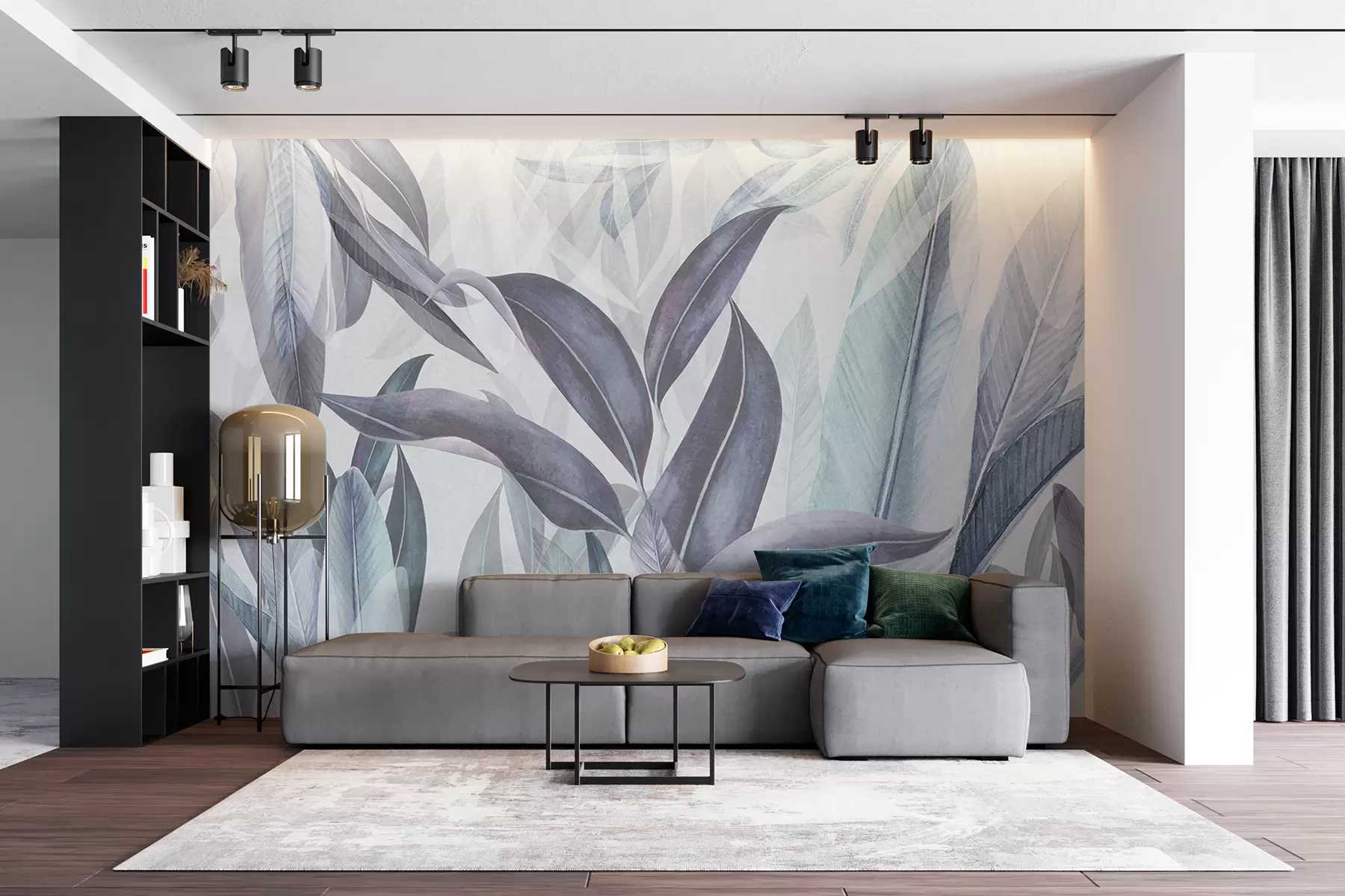 zidne murale Zeleno i ružičasto lišće palme u plavim bojama u94302v1