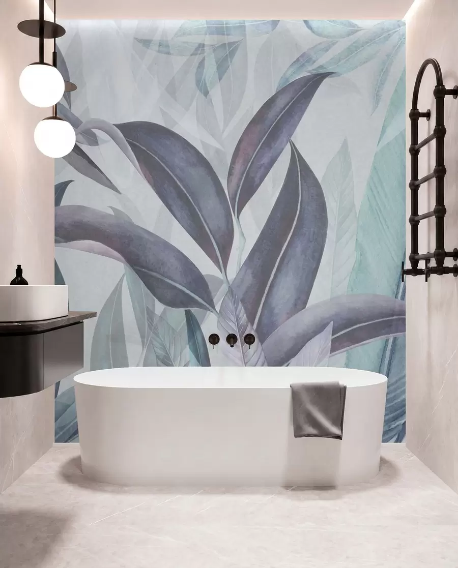 zidne murale Zeleno i ružičasto lišće palme u plavim bojama u94302v1