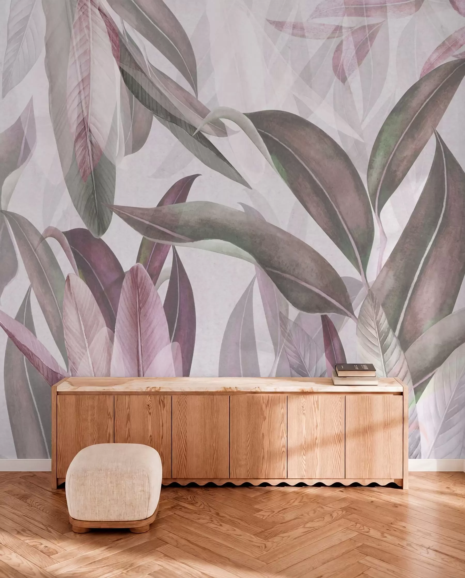 zidne murale Zeleno i ružičasto lišće palme u ljubičastim bojama u94302v3