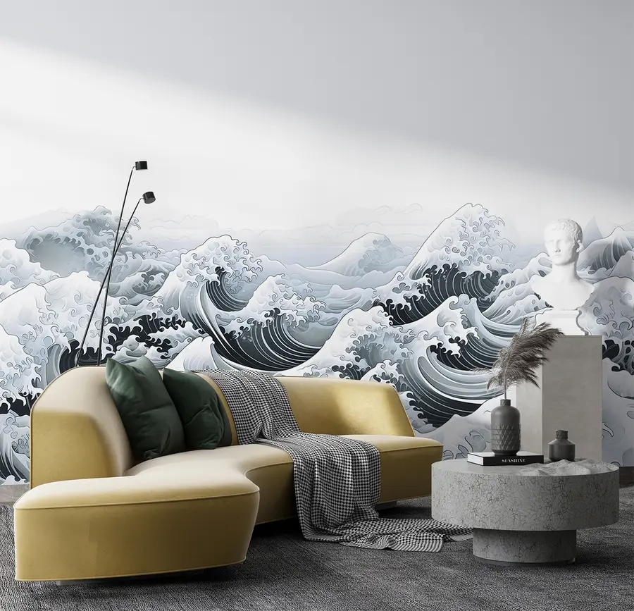 zidne murale Morski valovi u japanskom stilu, oceanska tema, more, nježne boje u98898
