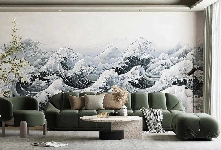 zidne murale Morski valovi u japanskom stilu, oceanska tema, more, nježne boje u98898