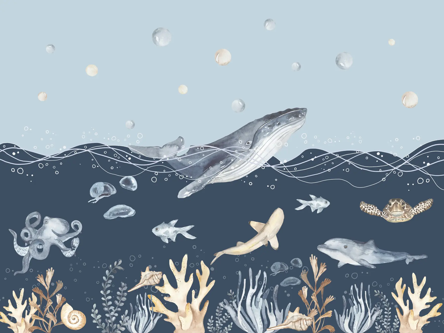 zidne murale Podvodni morski život, kit, dupin, koralji, morske životinje, oceanska tema, pastelne boje u98902