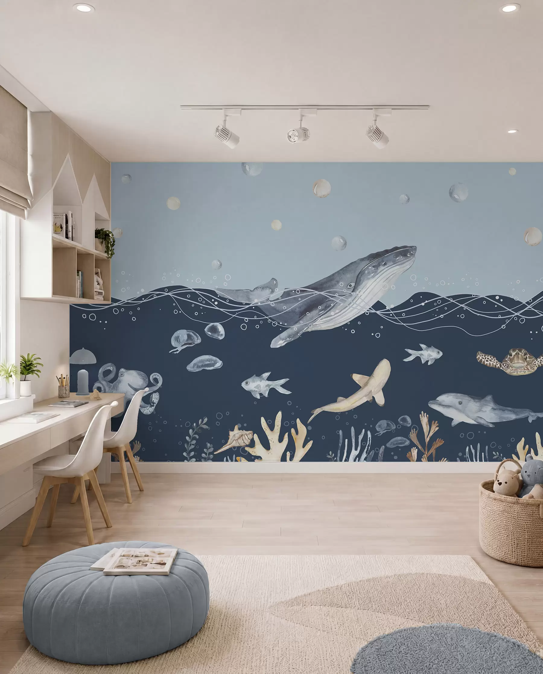 zidne murale Podvodni morski život, kit, dupin, koralji, morske životinje, oceanska tema, pastelne boje u98902