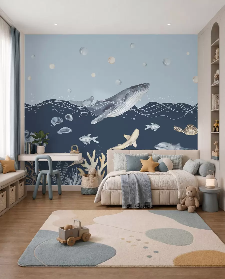 zidne murale Podvodni morski život, kit, dupin, koralji, morske životinje, oceanska tema, pastelne boje u98902