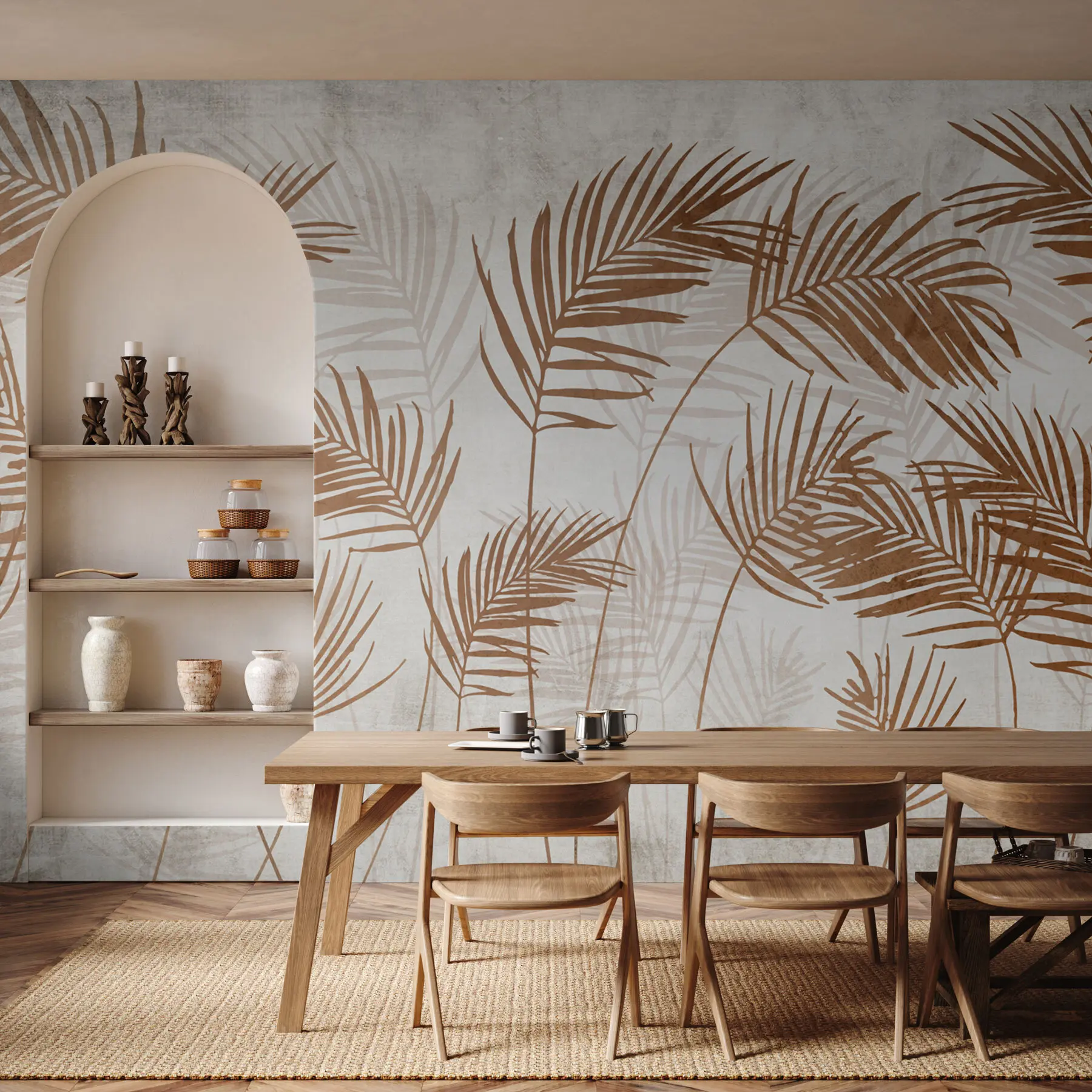 zidne murale Dizajn pozadine s tropskim drvećem i lišćem u maglovitoj šumi u98974