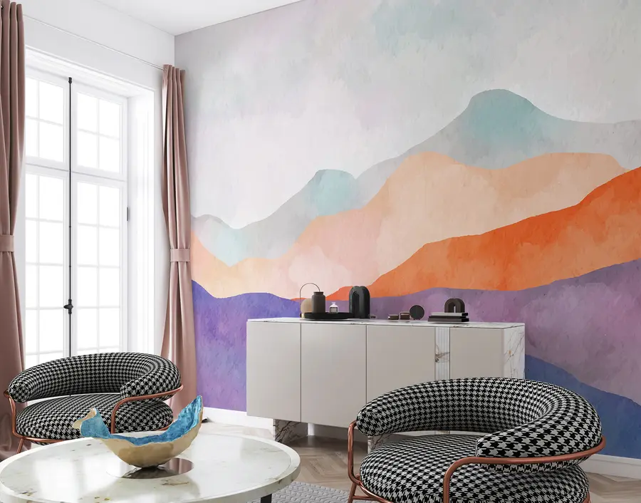 zidne murale Planinski pejzaž, apstraktni crtež, boho stil, narančasta, ljubičasta, plava u98991