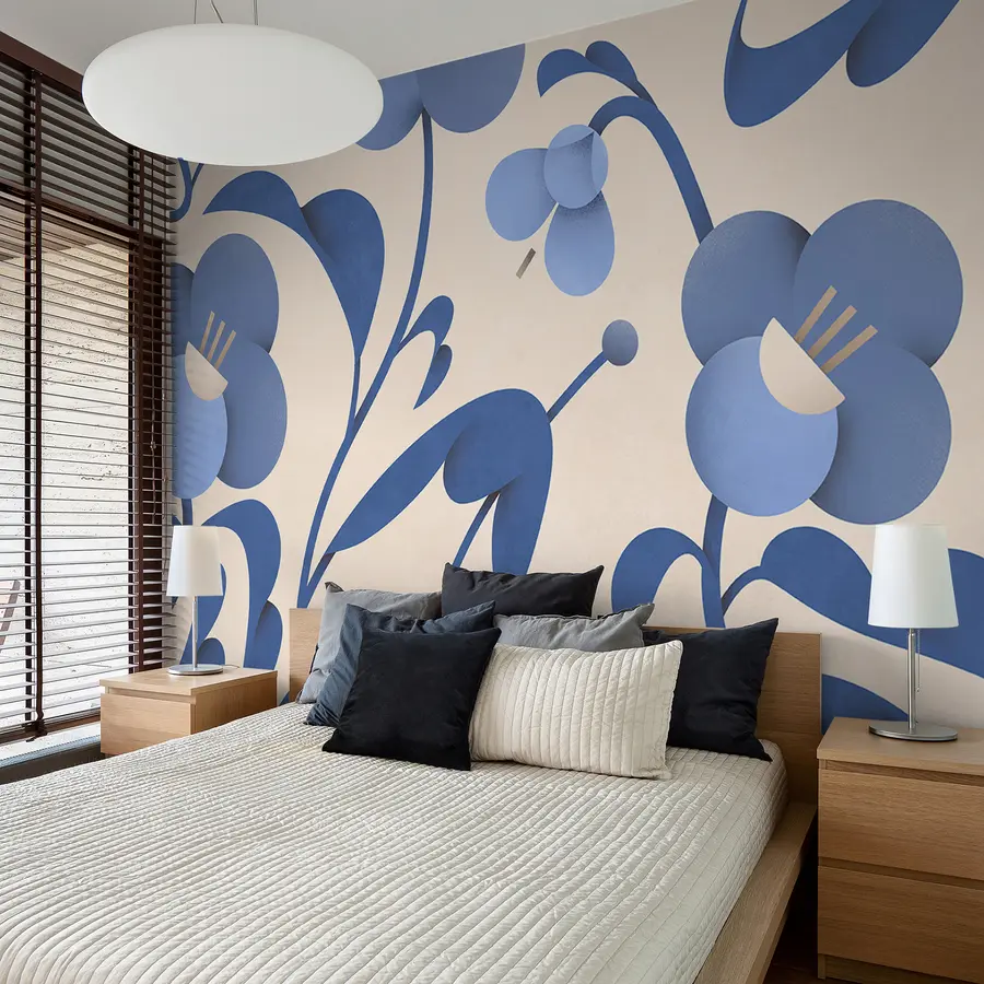 zidne murale Botanički print s ukrasnim plavim cvjetovima na bež pozadini u99196v7