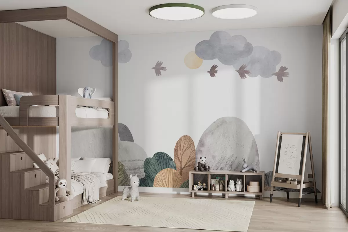 zidne murale Akvarel krajolik s drvećem, pticama i oblacima u99202