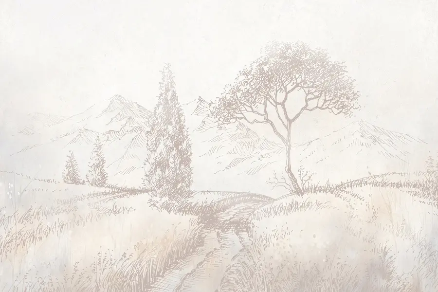 zidne murale Pejzaž Toskane, drvo, polje, minimalizam, prirodne bež boje u99570