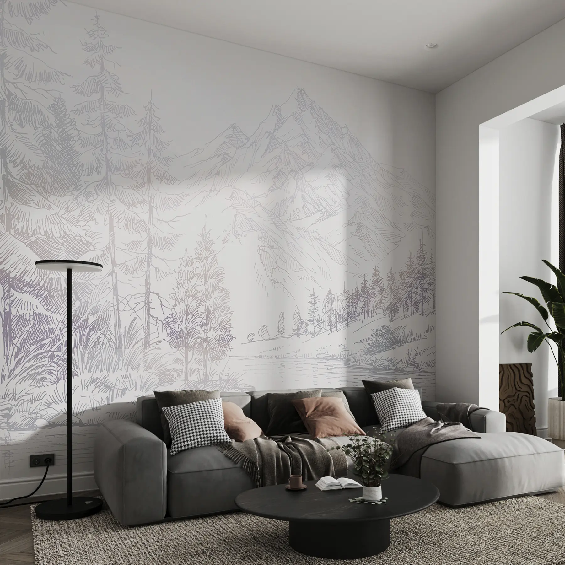 zidne murale Pejzaž alpskih planina, minimalizam, ljubičaste boje u99569v1