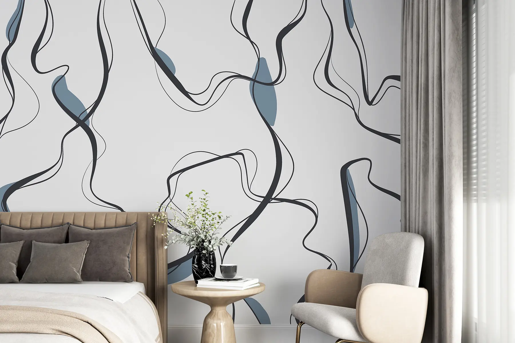 zidne murale Umjetnost crtanja tušem, apstraktni uzorak, geometrijske linije, siva i plava u99659