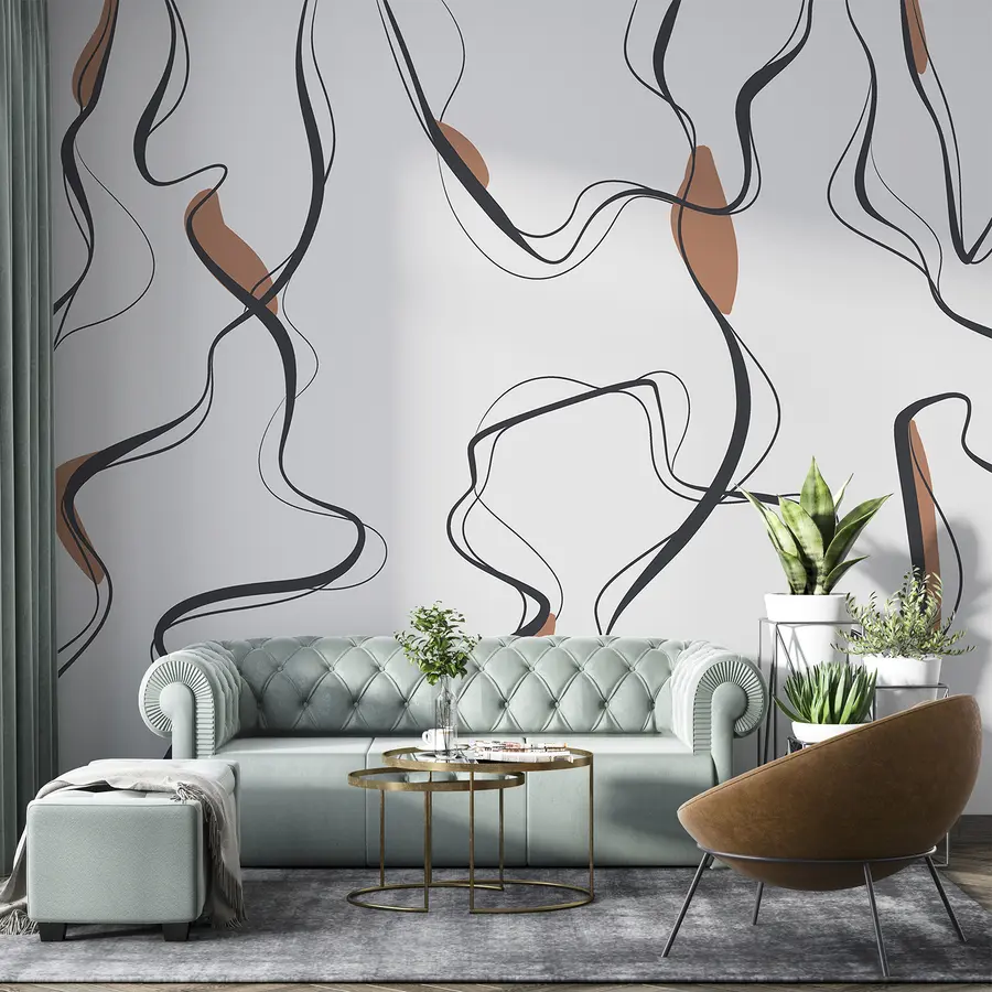 zidne murale Umjetnost crtanja tušem, apstraktni uzorak, geometrijske linije, siva i narančasta u99659v3